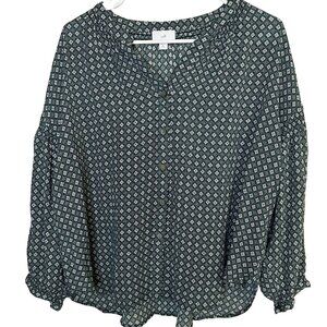 J Jill Size XL Petite Blouse Green White Floral Balloon Sleeve Button Front Top
